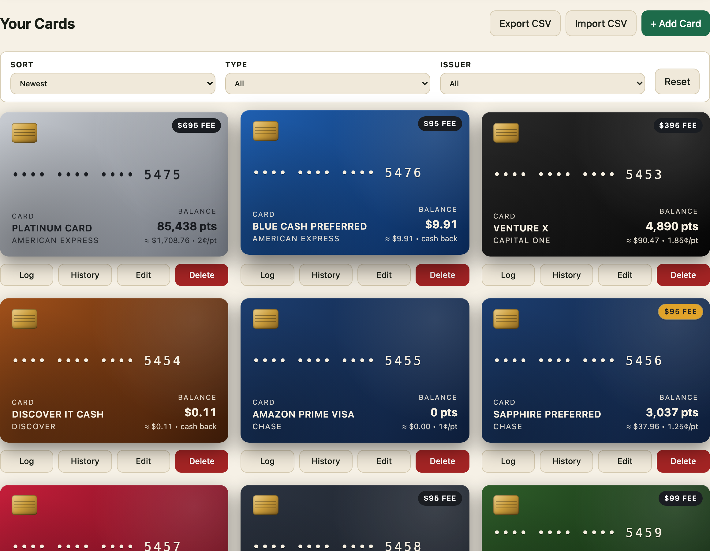 The Cards section showing several added cards stacked with their issuer, network, and current month's perk progress.