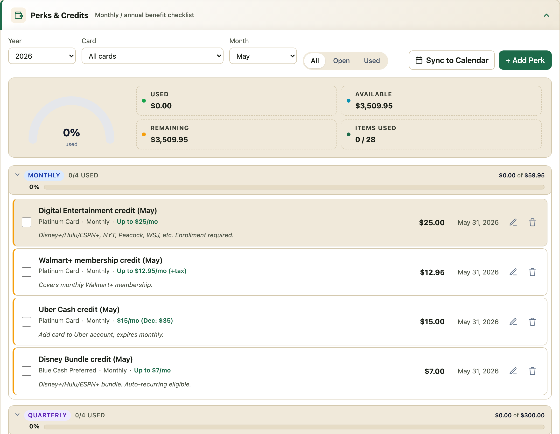 Perks & Credits view with a usage gauge, totals, and the monthly perks list including Digital Entertainment, Walmart+, Uber Cash, and Disney Bundle credits.