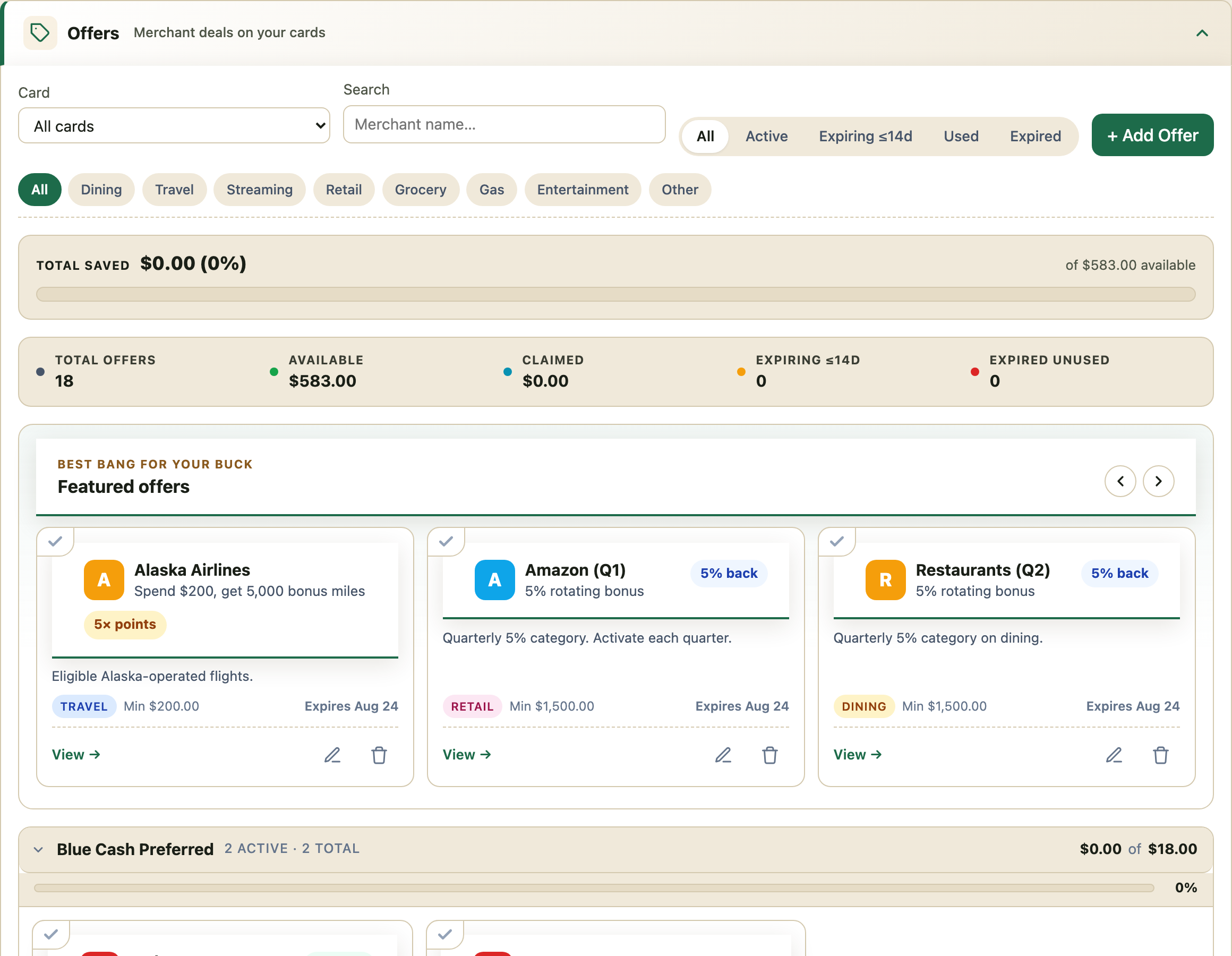 Offers page with category filters, totals, and a featured offers row showing Alaska Airlines, Amazon, and Restaurants quarterly bonuses.